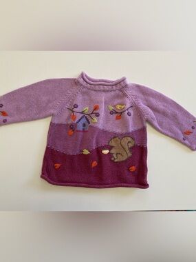 Lands End Girls Lavender & Berry Knit Sweater with Squirrel Motif 12-18 months